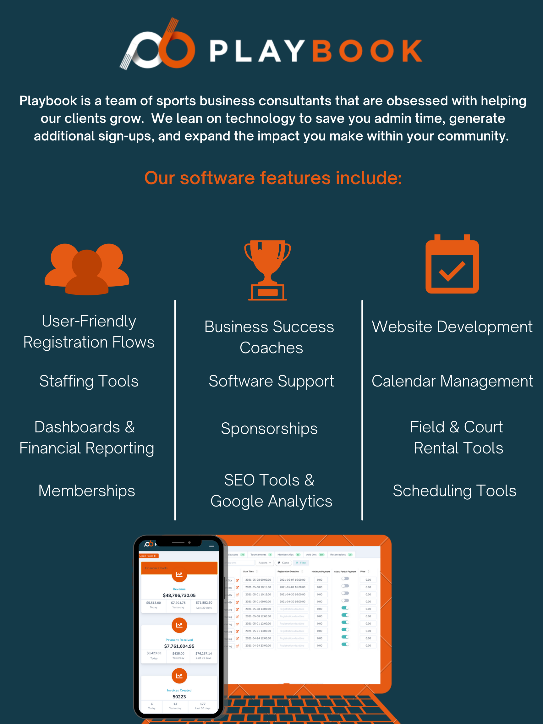 Here at Playbook, we are a business tool that assists sports organizations with the management of their programs in addition to expanding their reach within the community (2)
